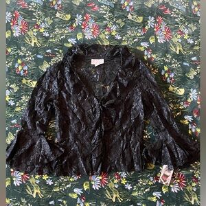 XOXO Y2K Black Sheer Lace Ruffled neckline Blouse Size M NWT